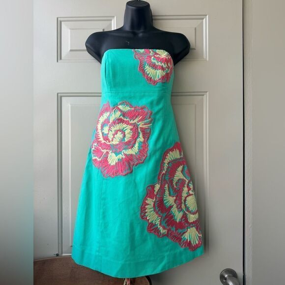 Lilly Pulitzer Bowen Lagoon Green Comb Get It Embroidered Strapless Dress Sz 2 - Picture 3 of 15